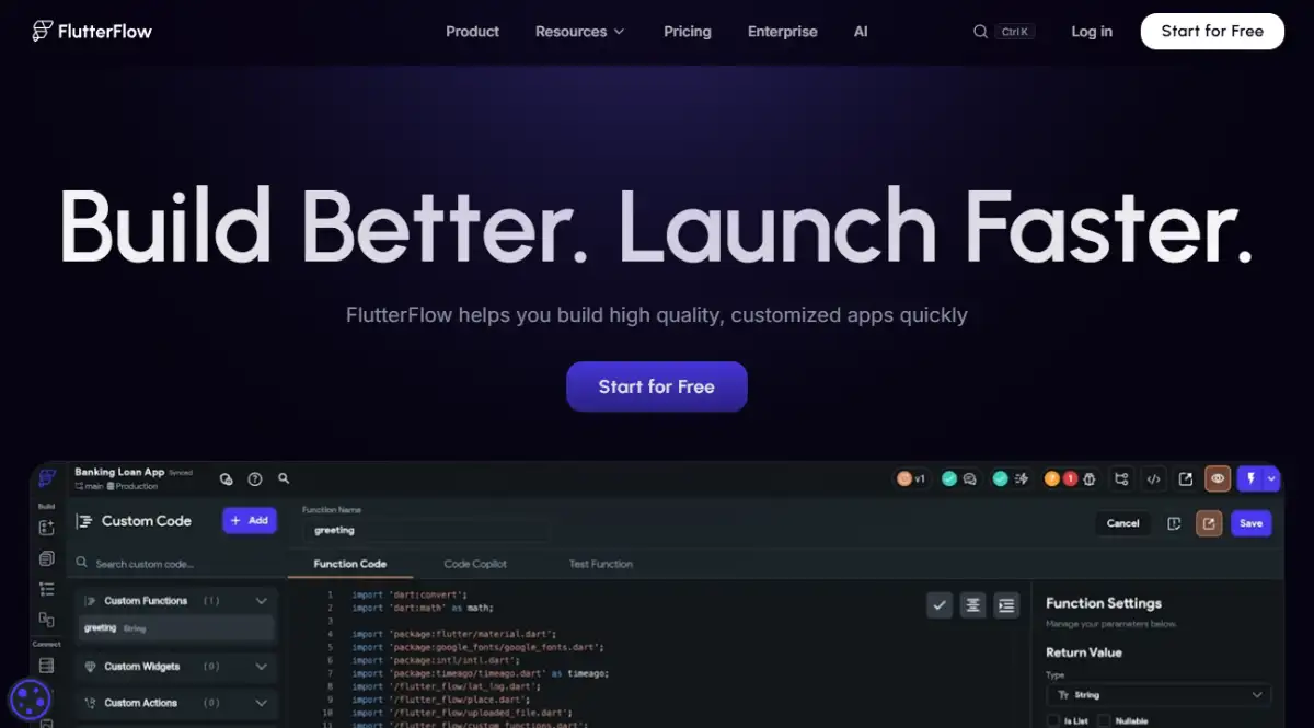 FlutterFlow no code app development platform homepage with Flutter visual builder