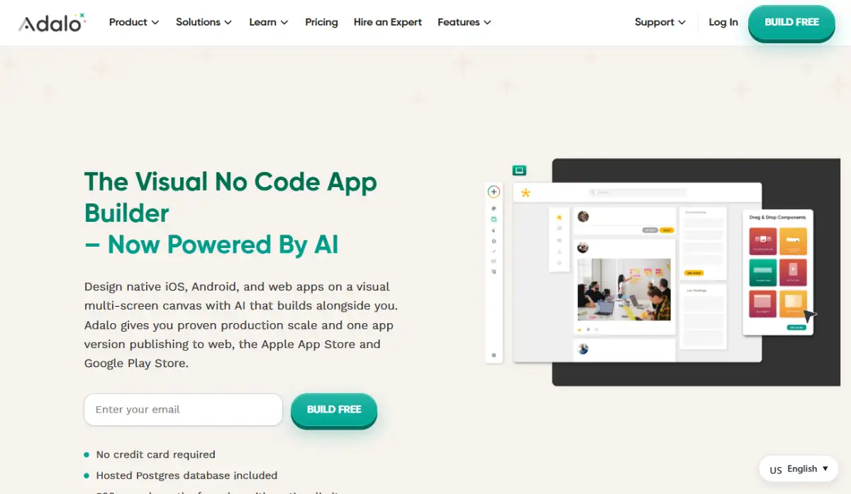 Adalo homepage showing drag and drop mobile app components