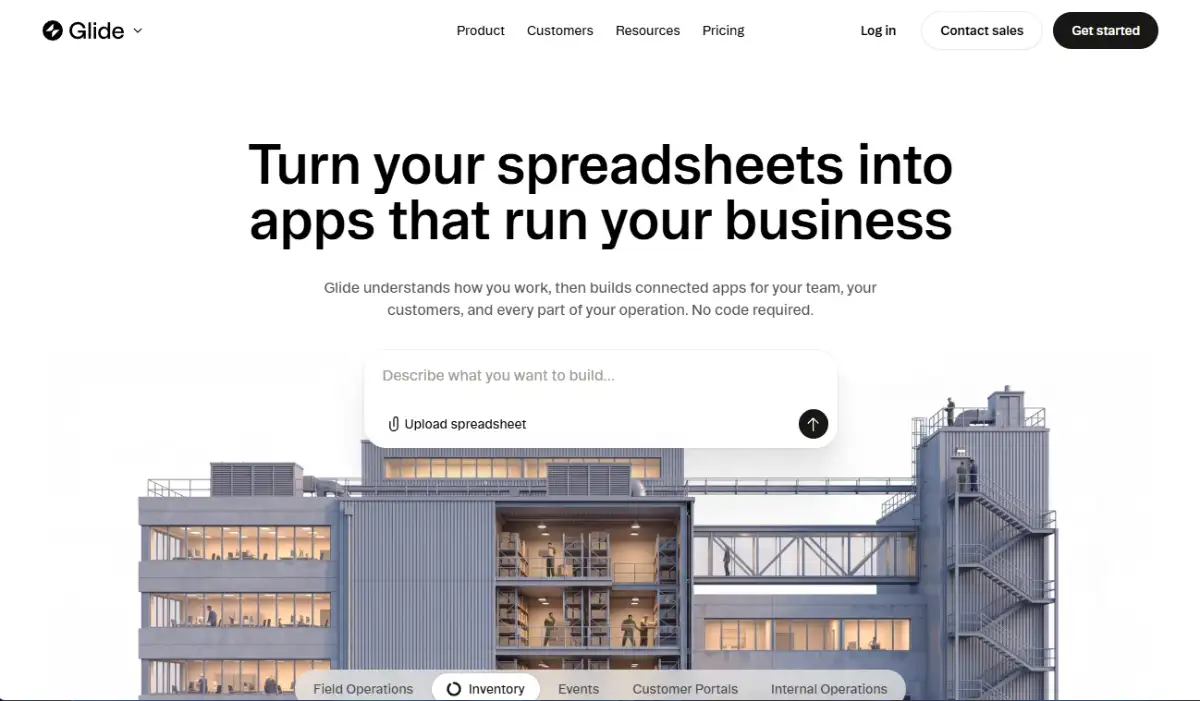 Glide homepage showing spreadsheet powered app dashboards