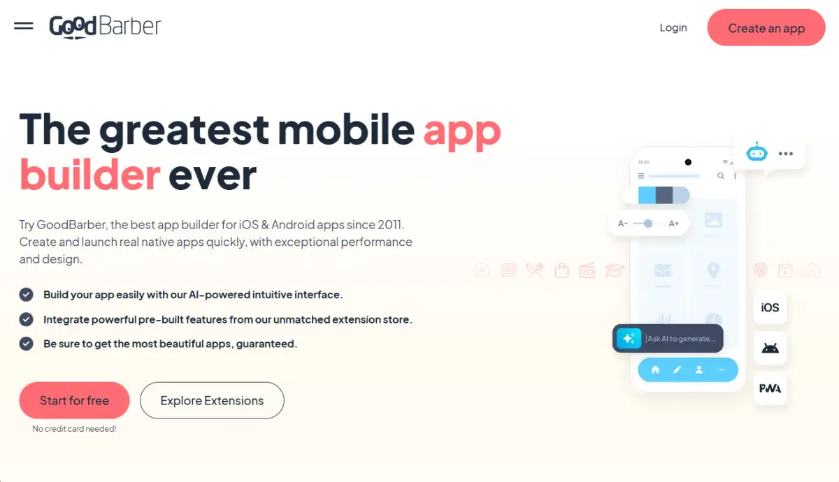 GoodBarber homepage showing native mobile app templates for retail