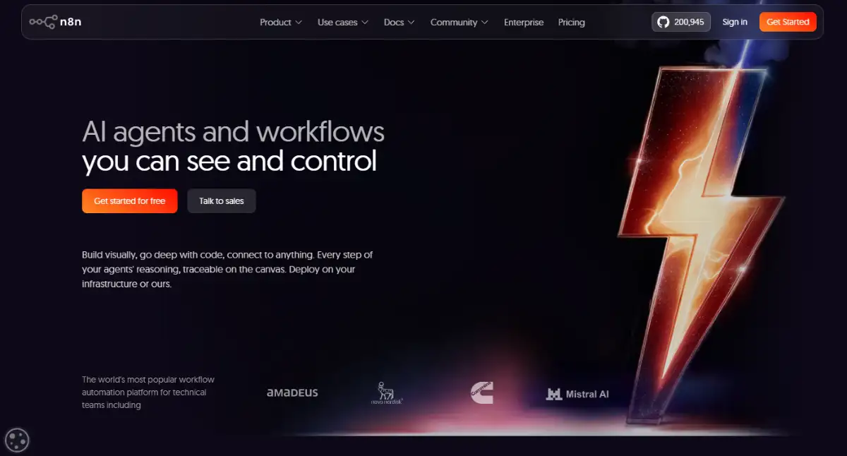 n8n homepage showing self hosted node based automation workflows