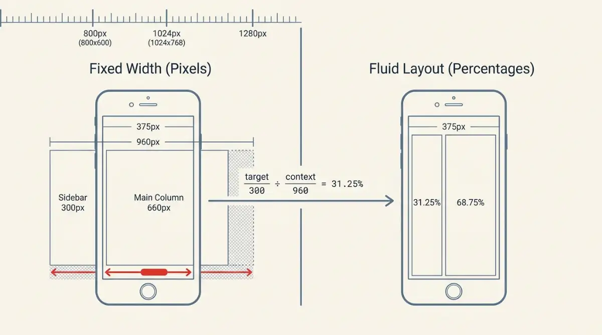 Diagram explaining what is the responsive design difference from fixed-width 960 pixel layouts