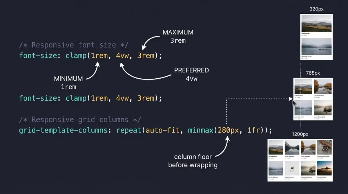 Annotated CSS code showing clamp and CSS Grid auto-fit responsive sizing functions