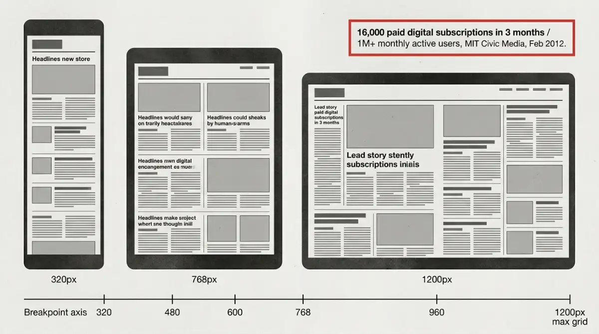 Boston Globe responsive redesign shown at three breakpoints with subscription results