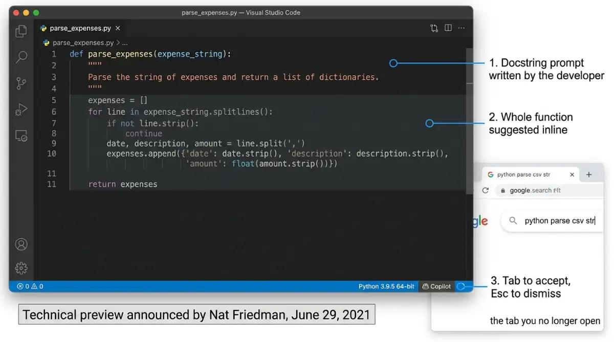GitHub Copilot suggesting a full Python function from a docstring in VS Code