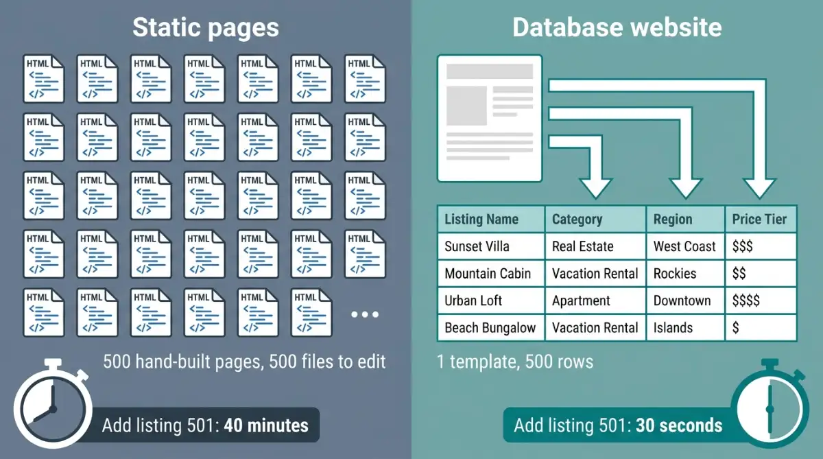 Static pages versus database website architecture comparison diagram