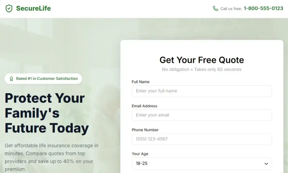 Life Insurance Quote Lead home page screenshot