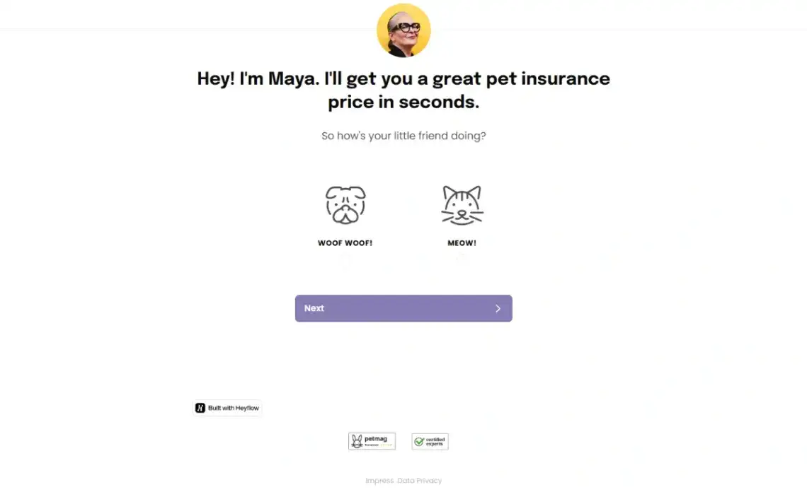 Pet Insurance Lead Gen home page screenshot
