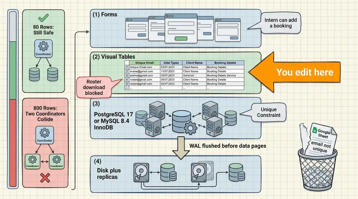 Visual tables on PostgreSQL with unique keys and WAL