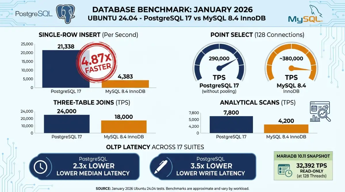 PostgreSQL 21338 inserts versus MySQL 4383 per second