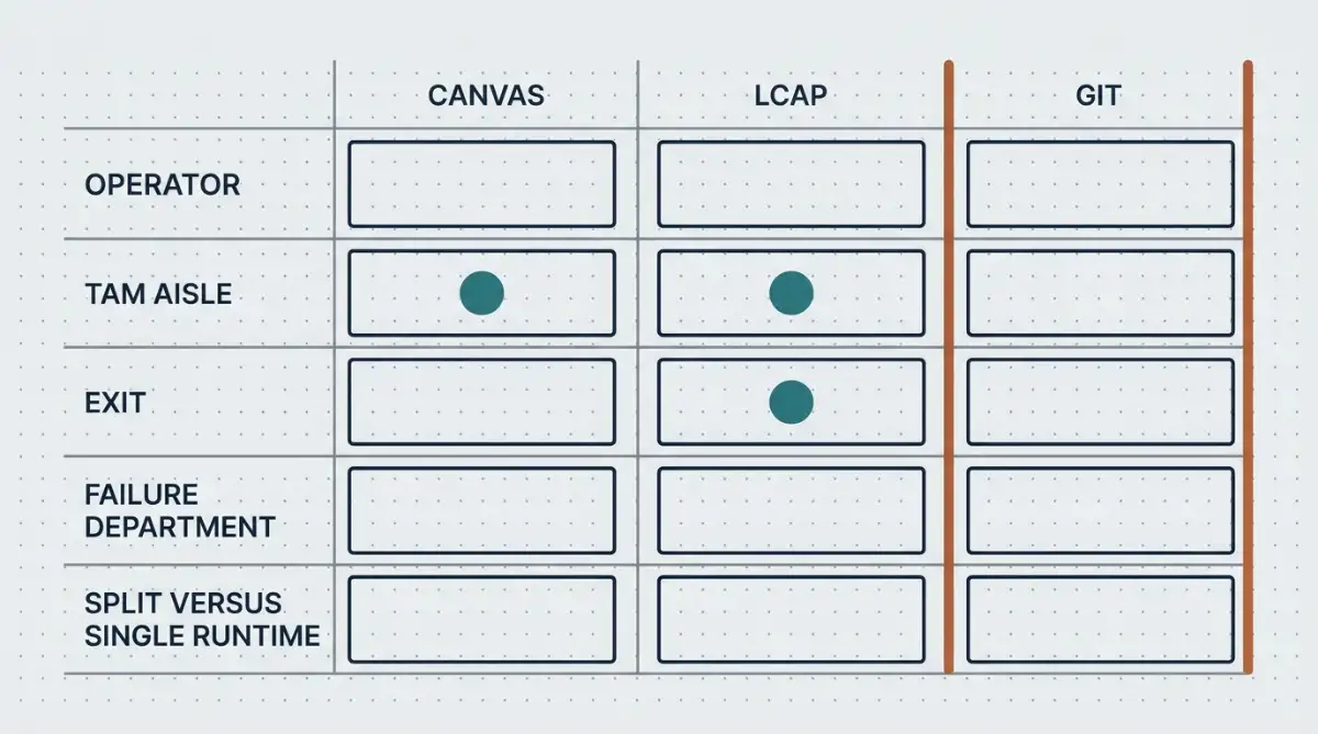Five-by-three scorecard of canvas LCAP and Git
