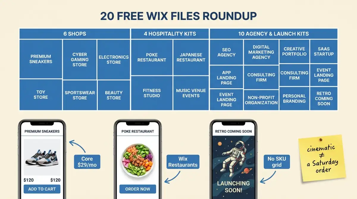 Wix templates grouped by shop restaurant and agency jobs