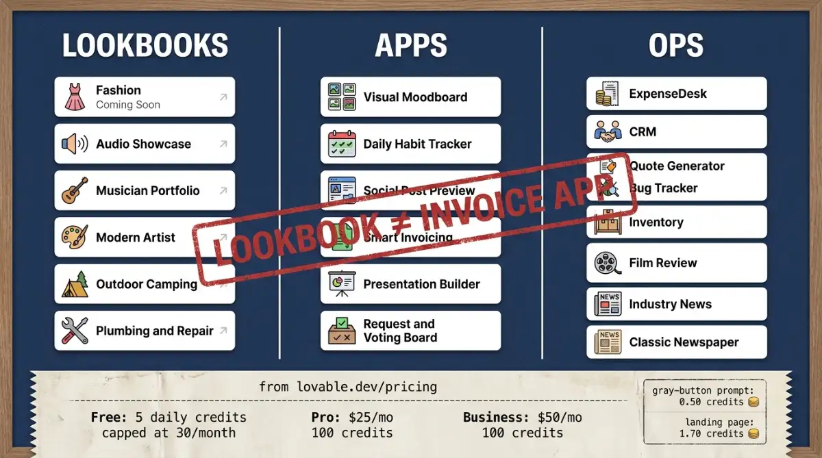 Lovable templates grouped by lookbook app and ops jobs