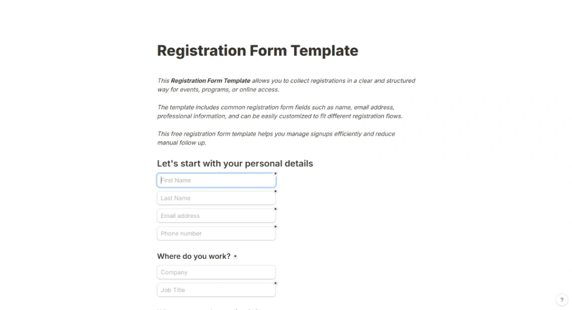 Professional Registration Form website template