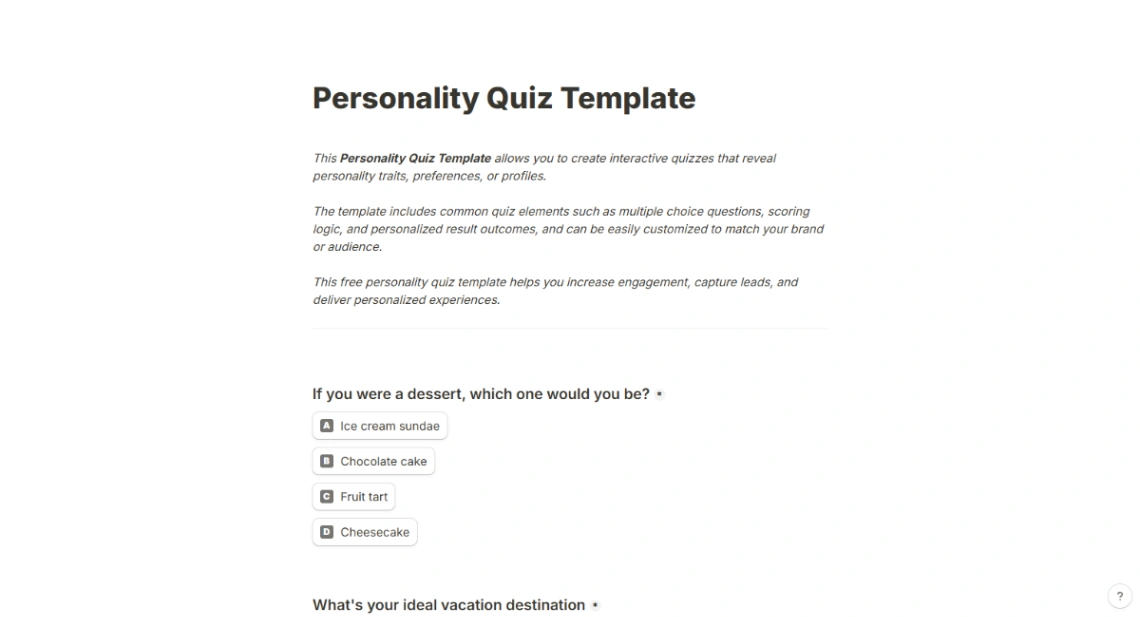 Personality Quiz website template