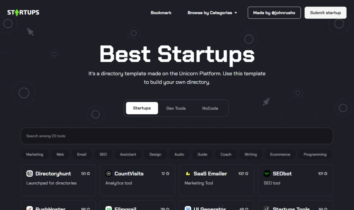 Startups Directory website template