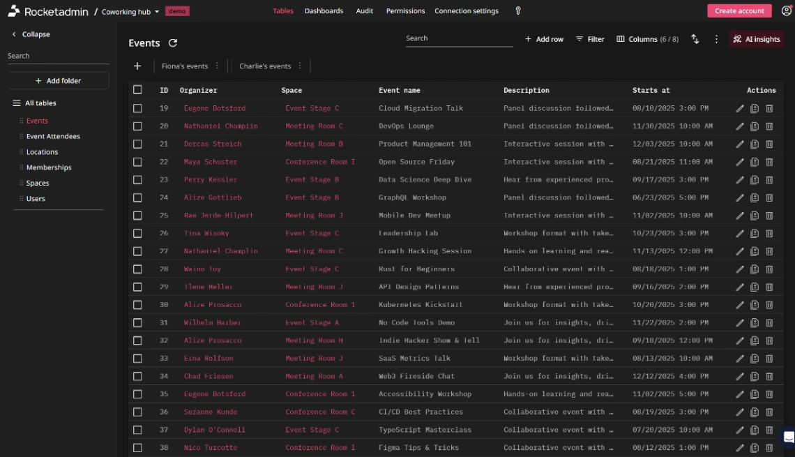 Coworking Events Admin web application template