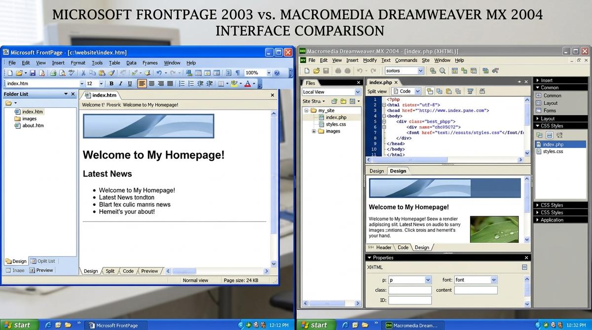 Microsoft FrontPage 2003 vs Macromedia Dreamweaver MX 2004 interface comparison