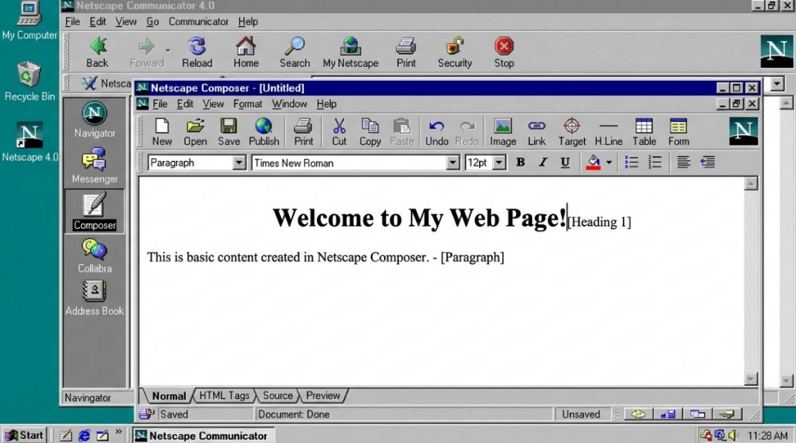 Netscape Communicator 4.0 with Composer editor open showing WYSIWYG toolbar.