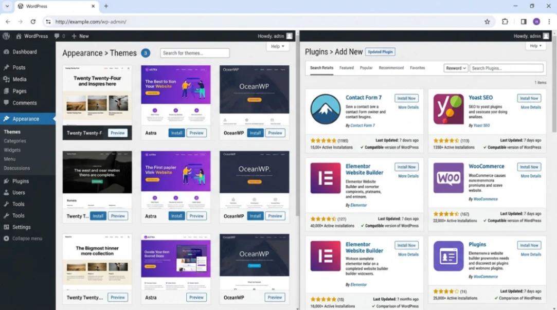 WordPress admin dashboard showing the plugin and theme installation interface
