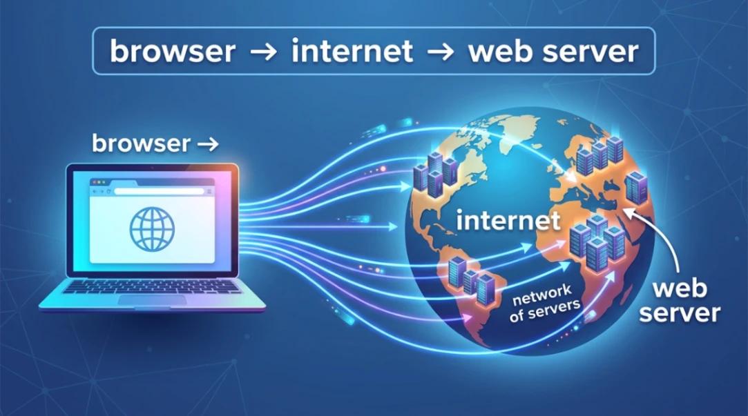 Diagram showing how a browser connects through the internet to a web server.