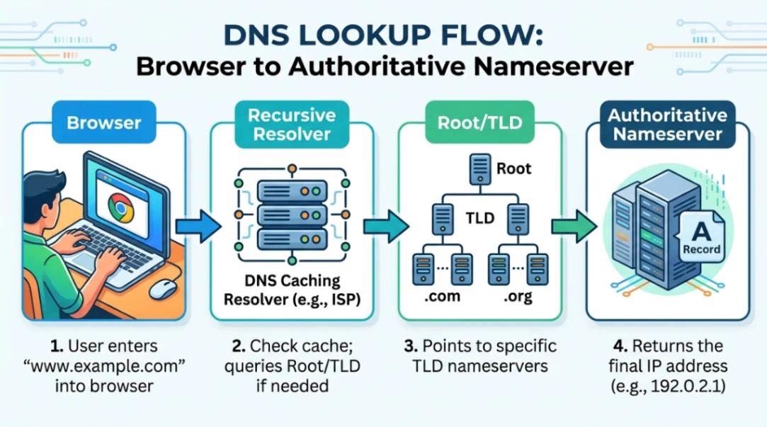 DNS lookup flow from browser to authoritative nameserver.