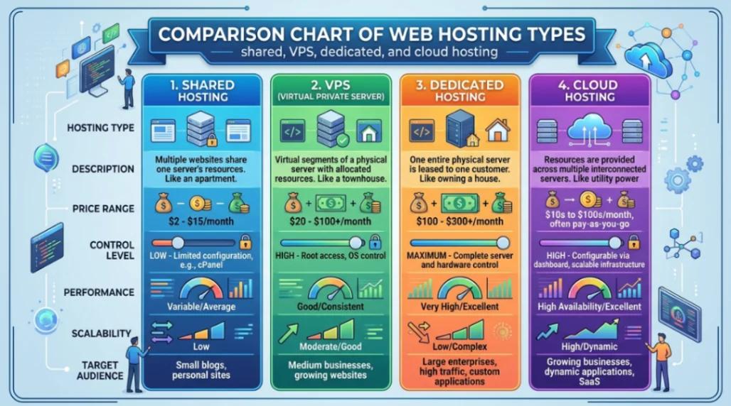 Comparison chart of shared, VPS, dedicated, and cloud hosting.