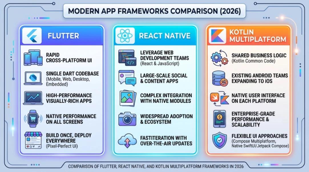 Comparison of Flutter, React Native, and Kotlin Multiplatform frameworks in 2026