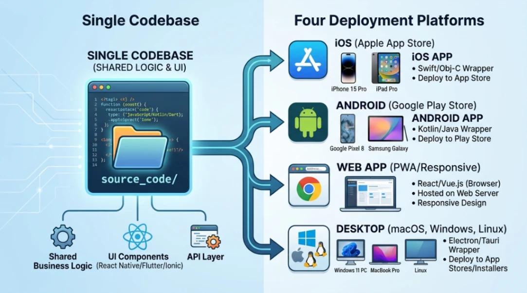 Cross-platform app architecture: single codebase deploying to four platforms