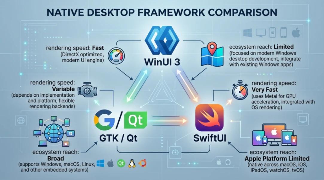 Native desktop framework comparison for Windows macOS Linux