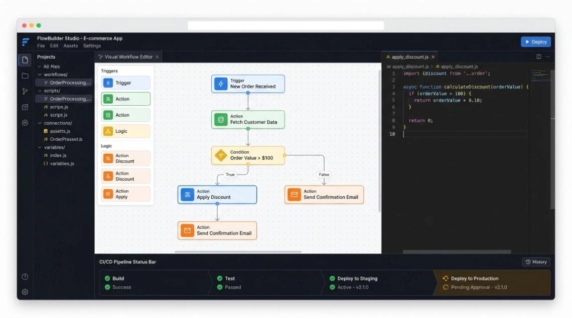 Low-code platform interface showing visual workflow editor with integrated code panel and deployment