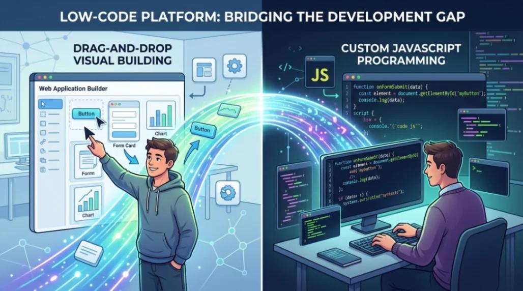 Visual representation of low code as a bridge between drag-and-drop building and custom programming.