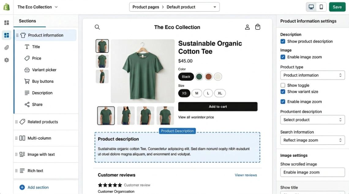 Shopify Online Store 2.0 visual editor with drag-and-drop sections on a product page.