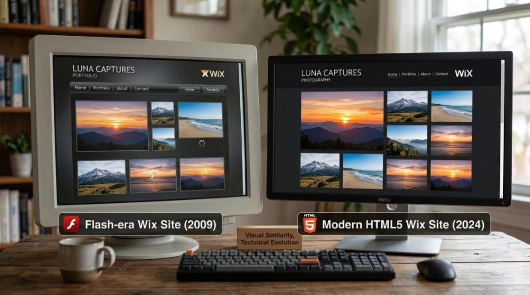 Flash-era Wix website compared to modern HTML5 Wix website builder output.