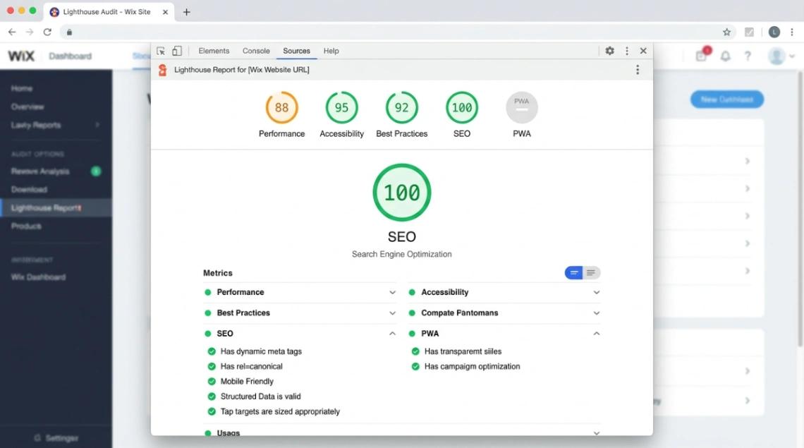Google Lighthouse SEO score of 100 for a Wix website builder site.