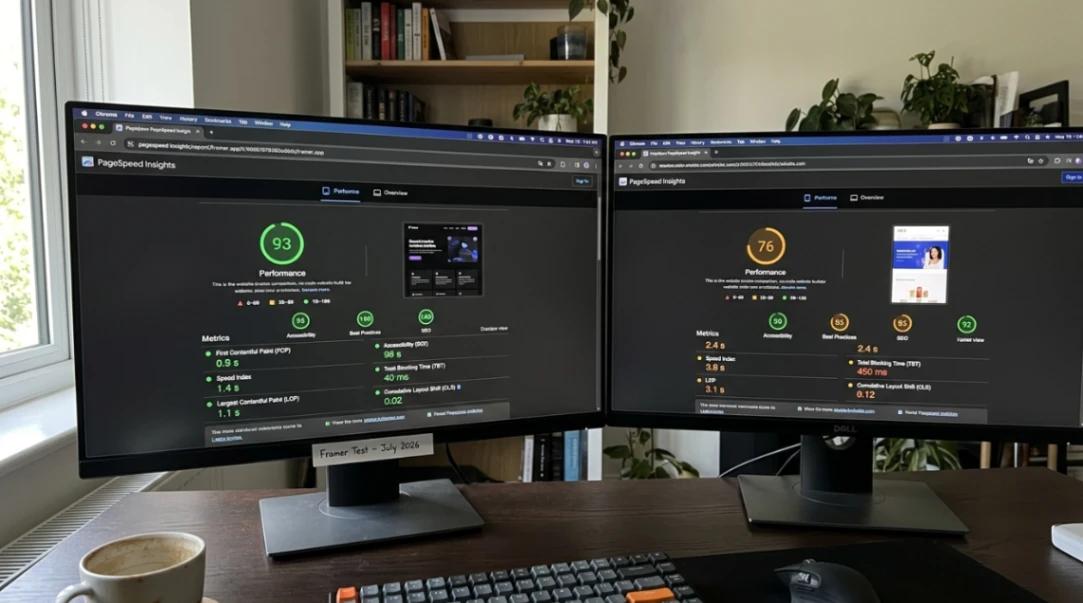Framer vs Wix PageSpeed score comparison, no-code website builder SEO performance 2026