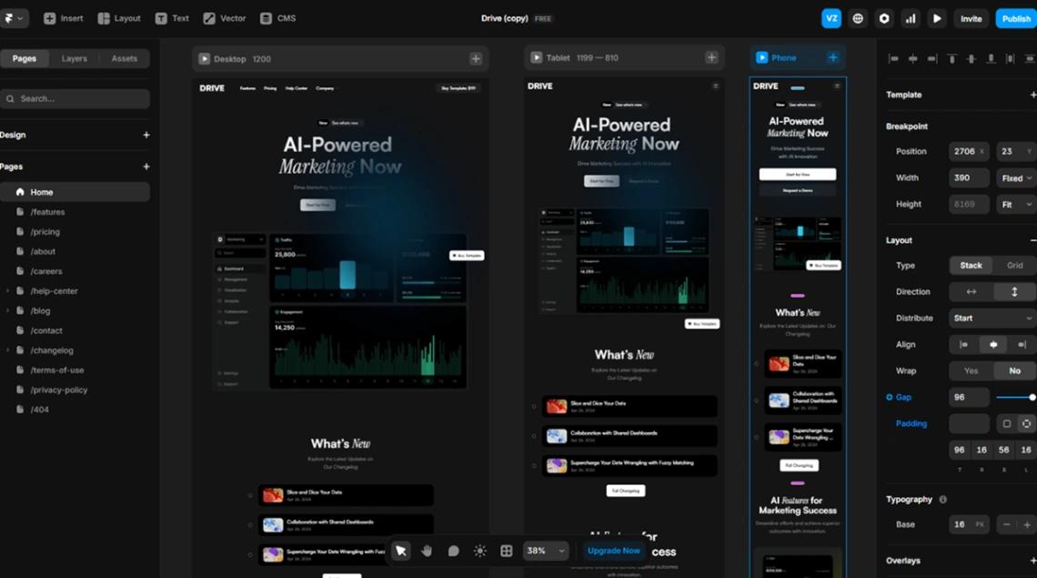Framer responsive design breakpoints on canvas, no-code website builder mobile editing 2026