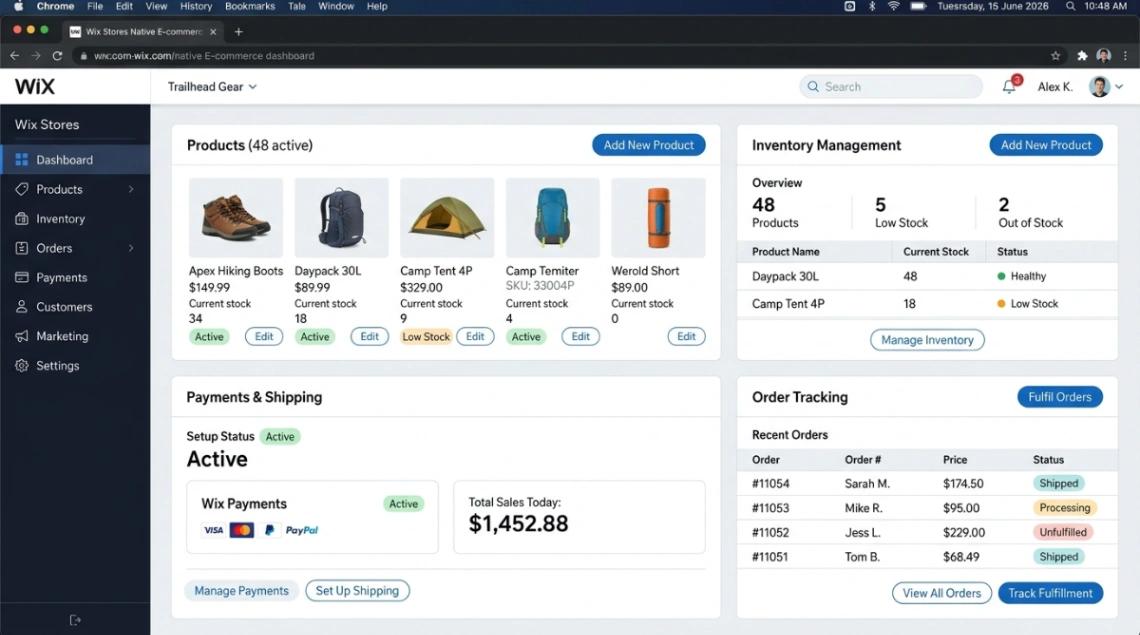 Wix Stores native e-commerce dashboard, no-code website builder for online stores 2026