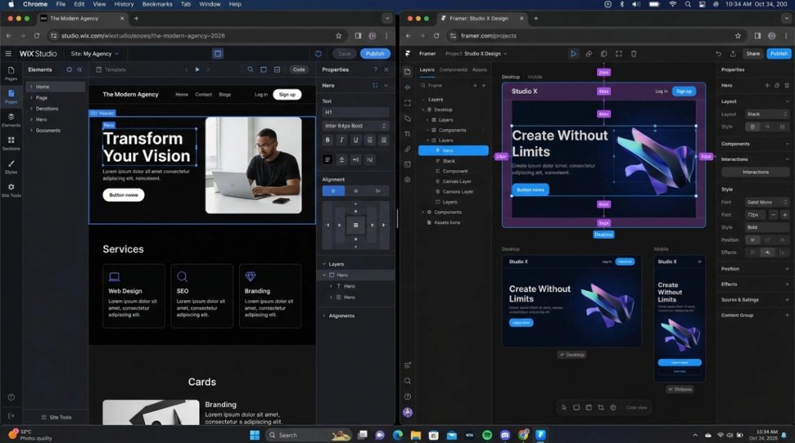 Wix Studio editor vs Framer canvas, no-code website builder interface comparison 2026