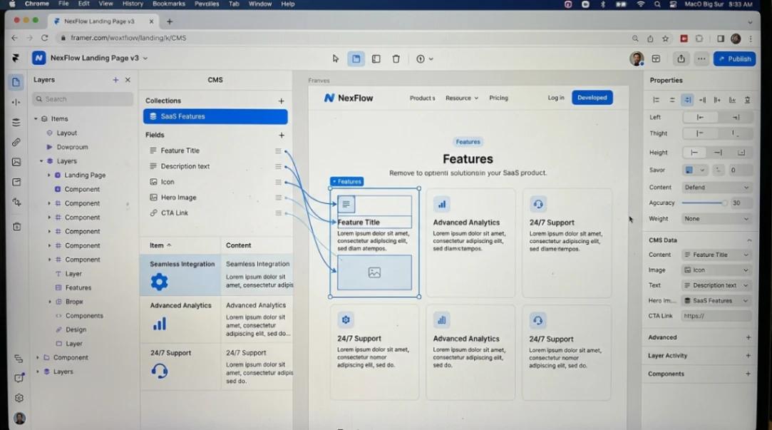 Framer CMS design-connected dynamic content, no-code website builder for SaaS landing pages