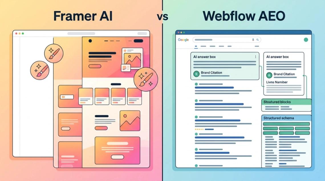 Framer AI generative design tools vs Webflow AEO answer engine optimization illustrated comparison