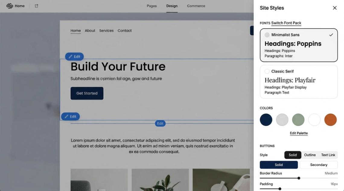 Squarespace Site Styles panel showing font packs, color palette, and button style controls