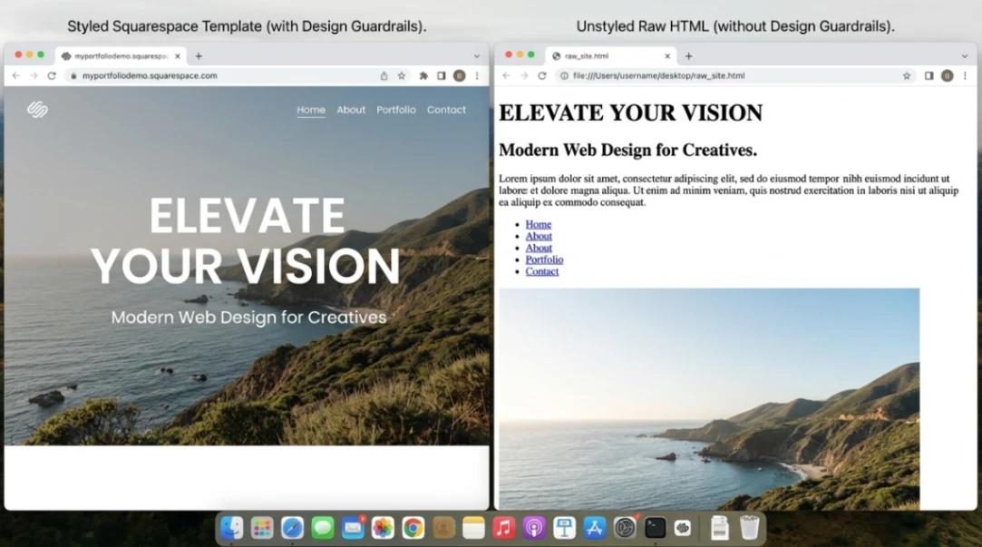 Comparison between a professionally styled Squarespace template and an unstyled default webpage