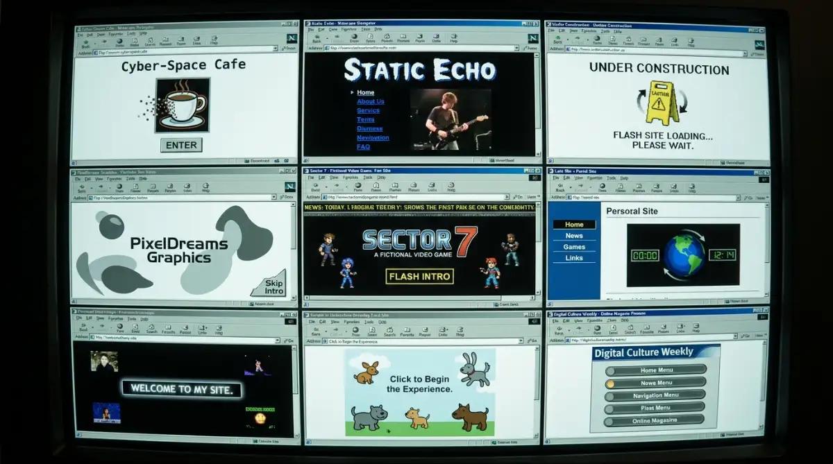 Collage of late 1990s Flash powered websites featuring vector animations and intro pages.