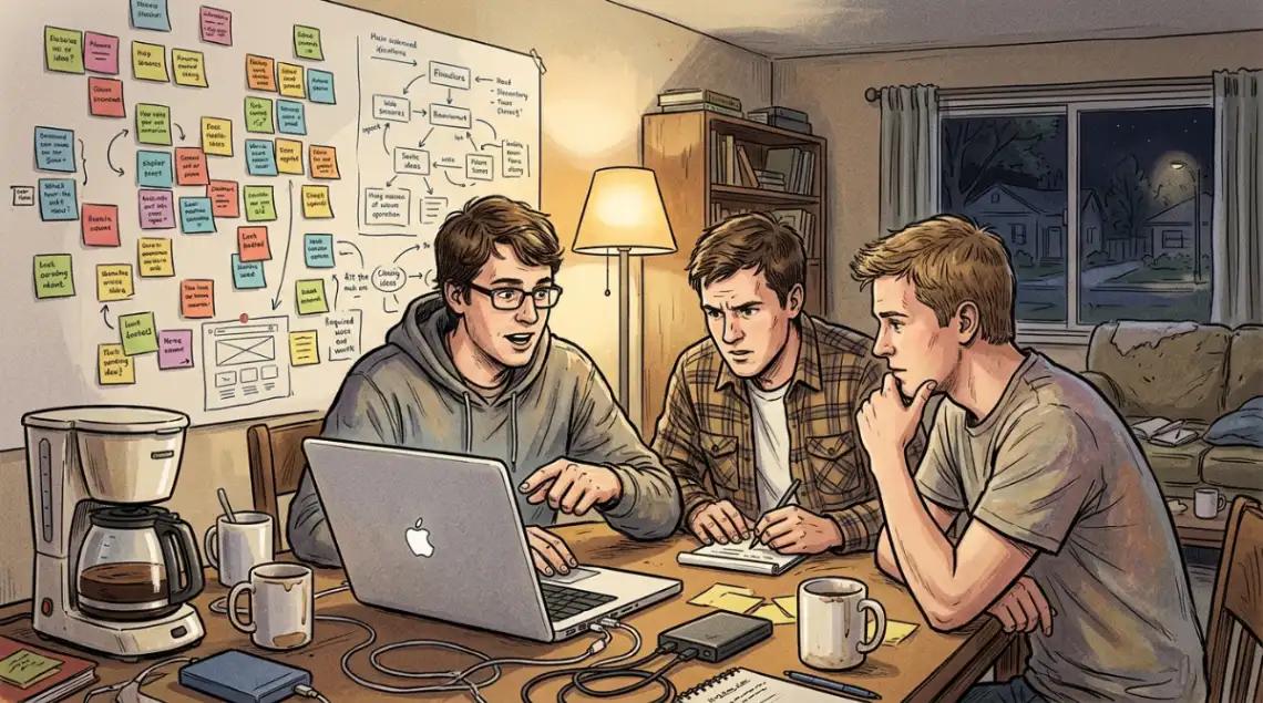 Illustration of Zapier's three founders working late on the original prototype in 2011.