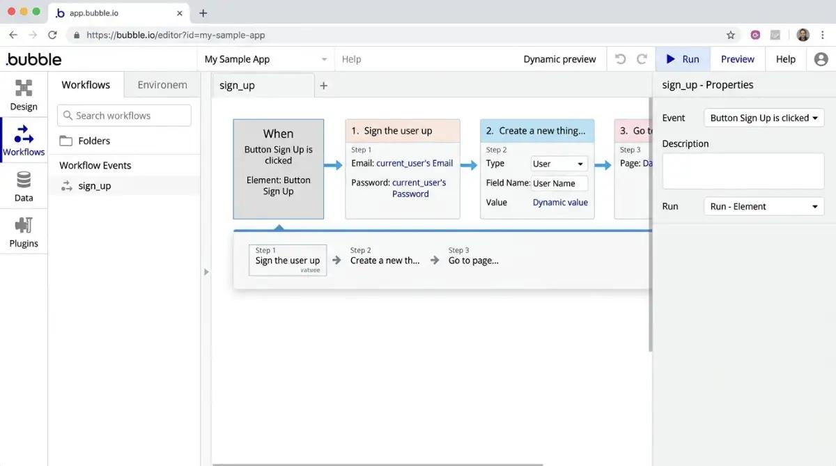 Bubble platform editor displaying its four main panels for visual application development