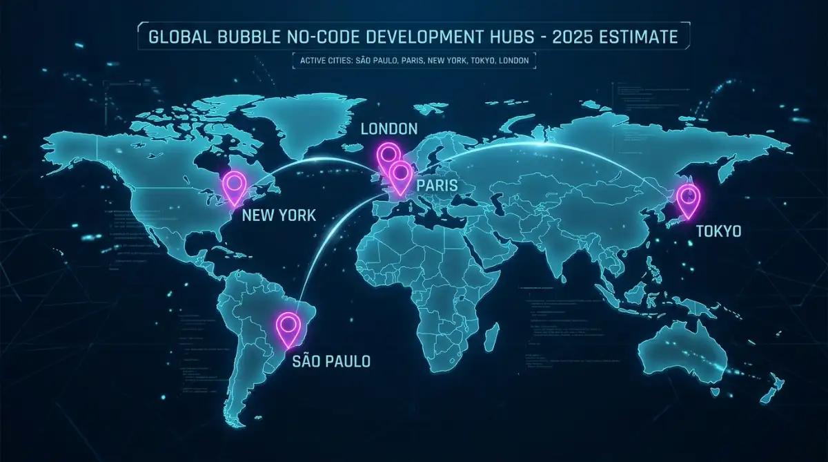 World map highlighting the five most active cities for Bubble no-code development in 2025