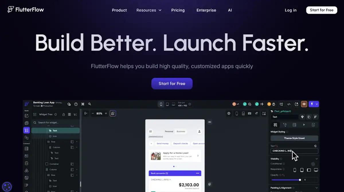 FlutterFlow no code builder home page screenshot 2026