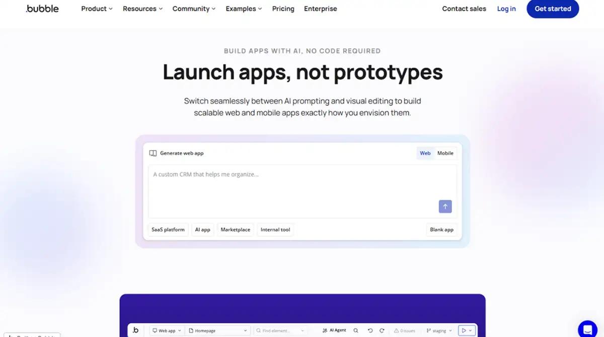 Bubble io website hero section screenshot 2026