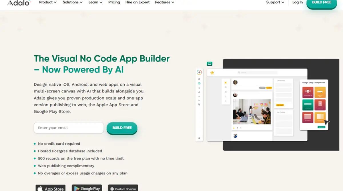 Adalo no code builder homepage screenshot 2026